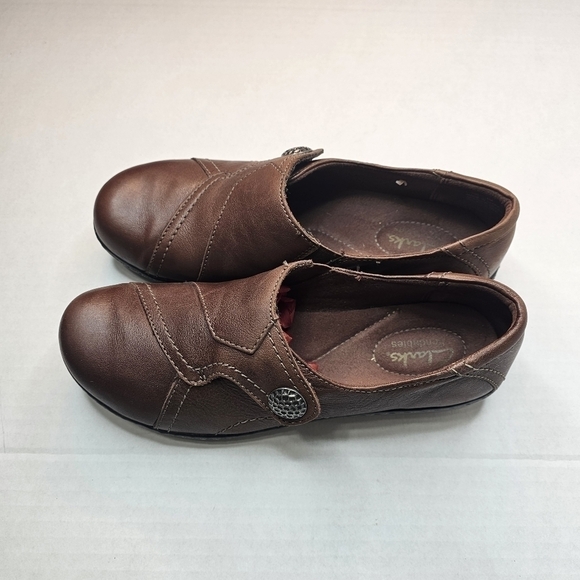 CLARKS Bendables Brown Leather Slip On Clog Shoes Size 8 - Picture 3 of 12